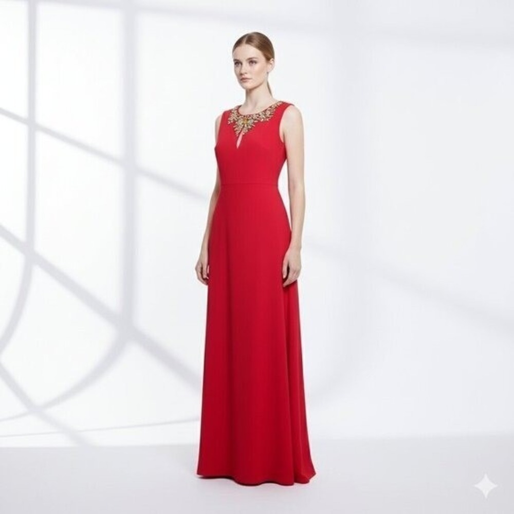 NWT Vince Camuto Beaded Neckline Pleated A-Line‎ Chiffon Gown Dress Red Women 8